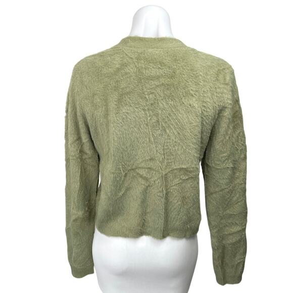 Rachel Zoe Green Faux Fur V Neck Button Down Cardigan Sweater Top Size M - Picture 2 of 4